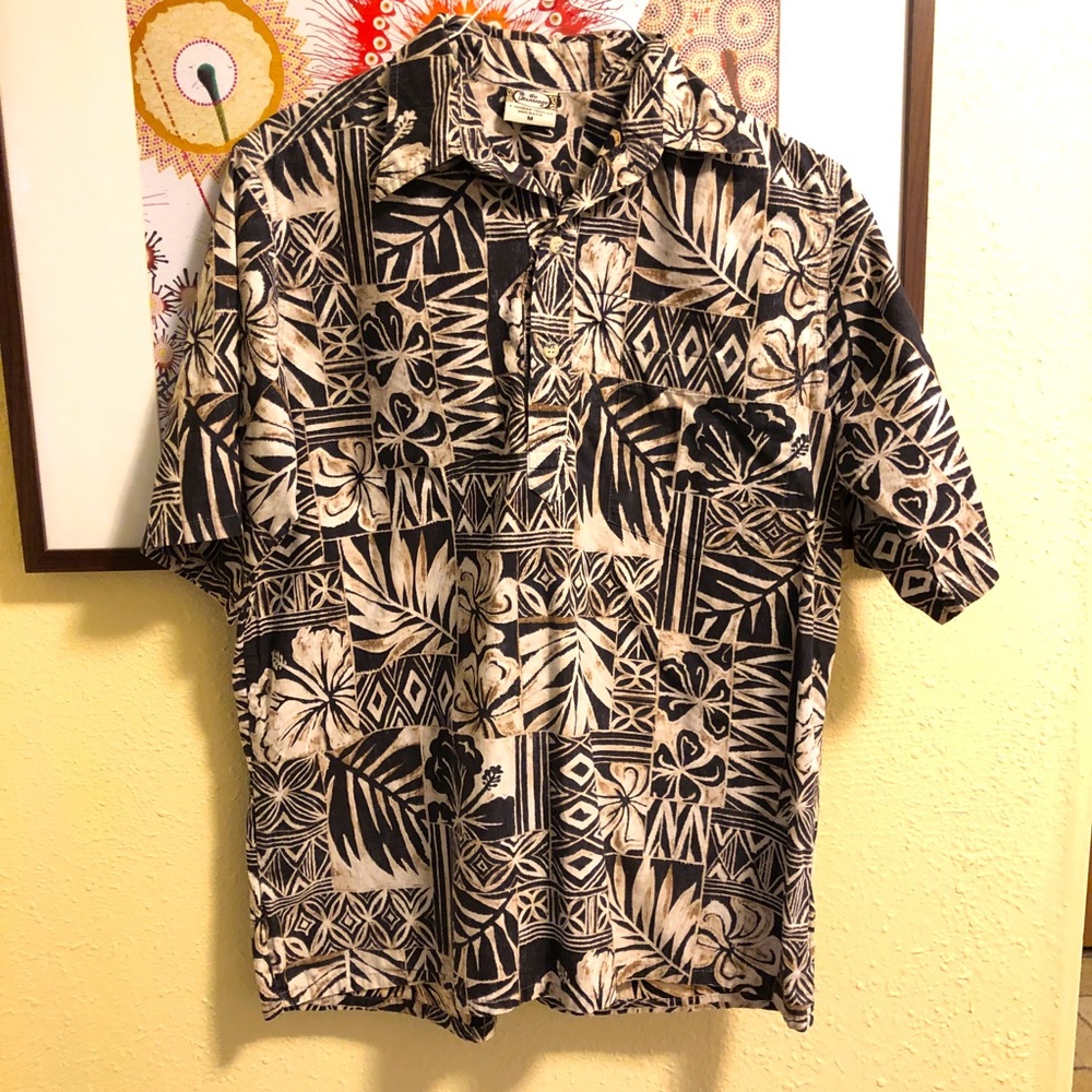 Go Barefoot Brown/White Tropical Half Button Up Shirt M